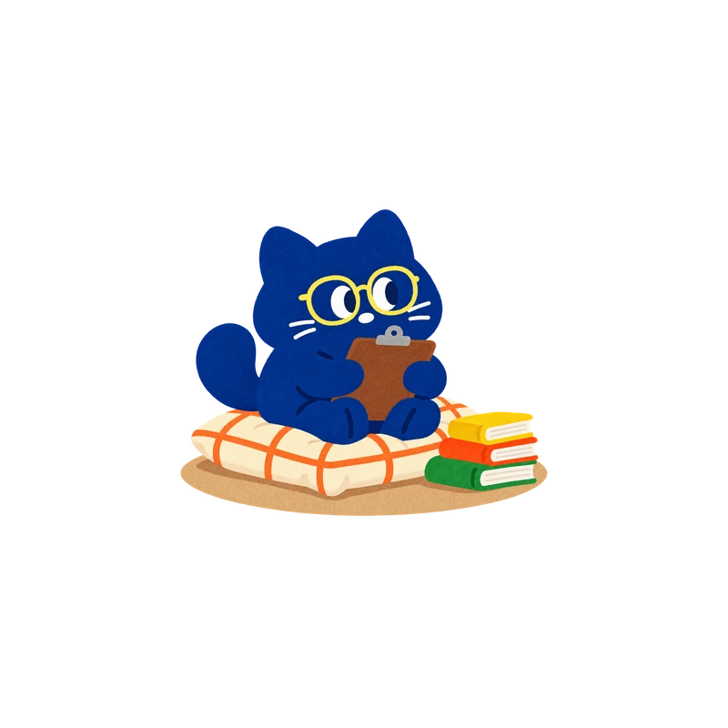 Blue cat holding a clipboard beside a stack of books.