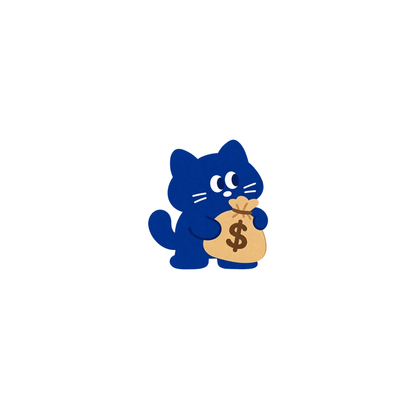 Blue cat holding a money bag.