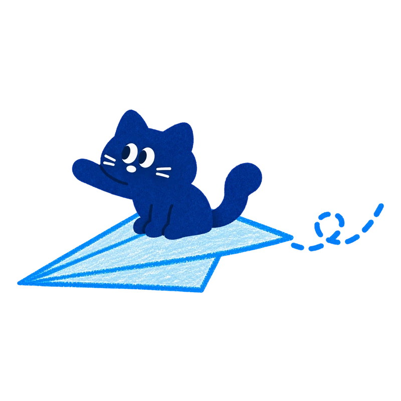 Blue cat riding a paper plane with one arm outstretched.