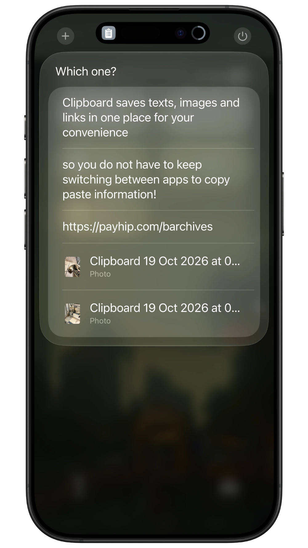 The Clipboard shortcut’s saved-items list containing text, a website link, and images.