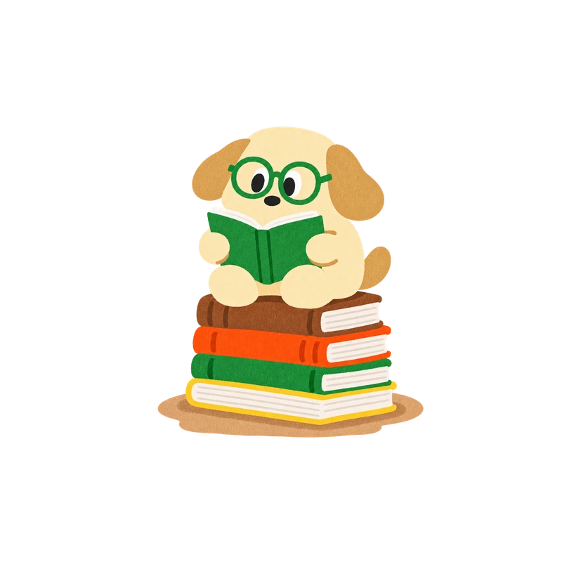Cream dog reading a book while sitting on a pile of books.