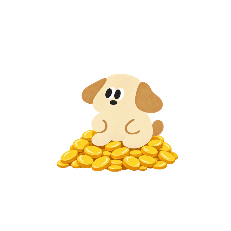 Cream dog sitting on a pile of gold coins.