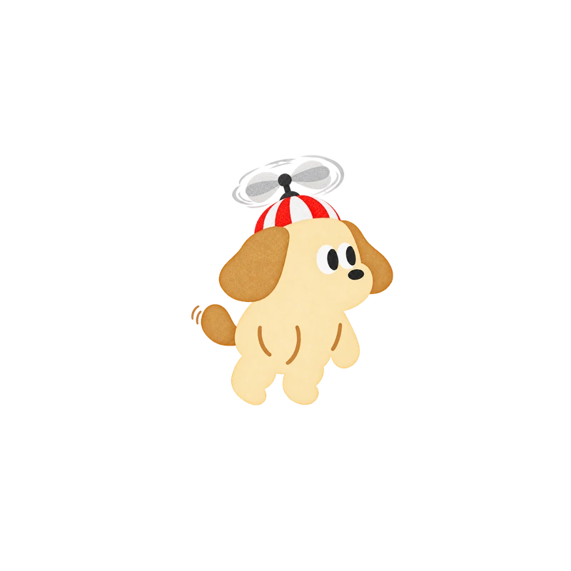 Cream dog wearing a red-and-white propeller hat.