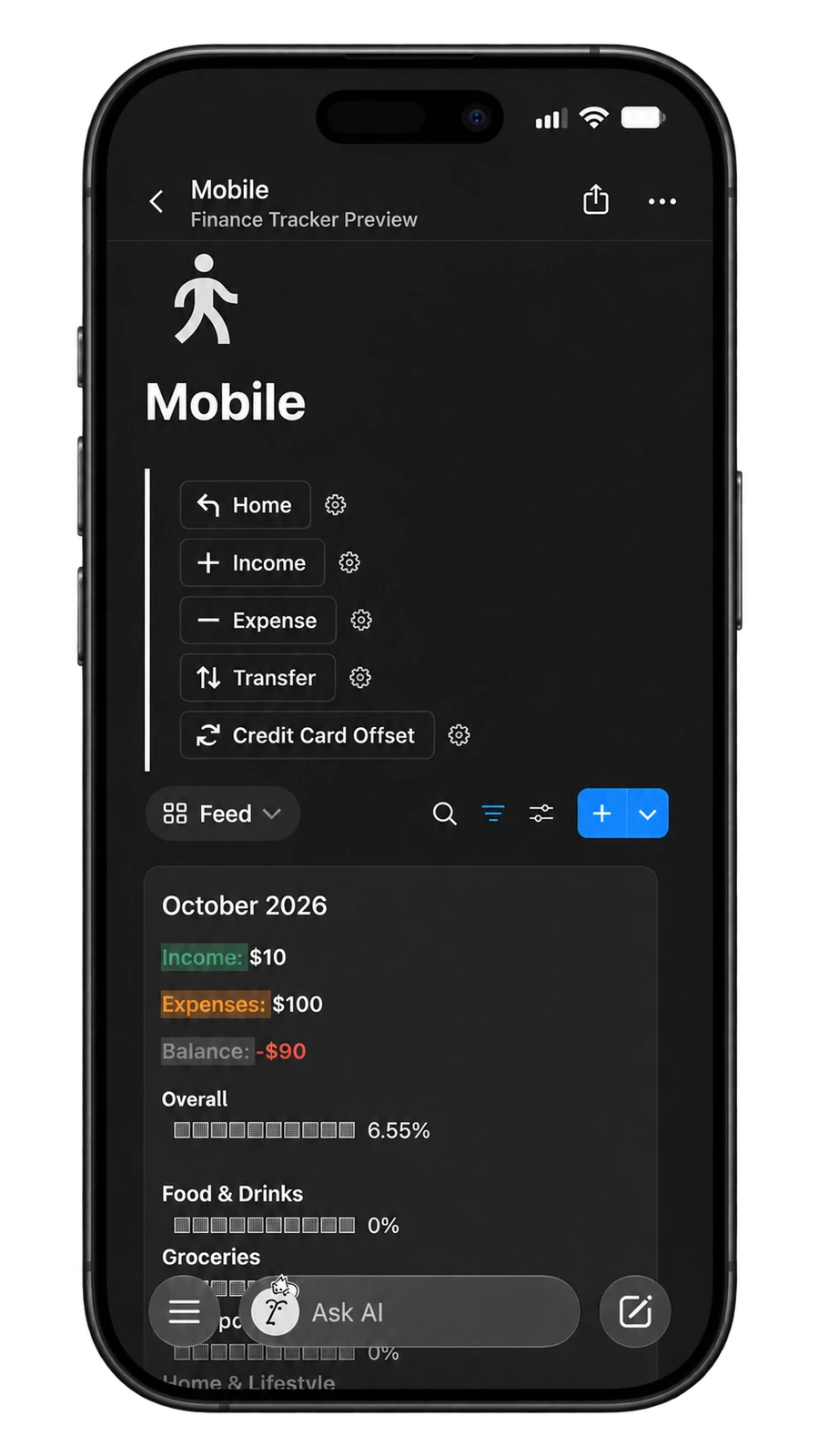 The Finance Tracker in Notion on iPhone, showing transaction buttons and a monthly overview.