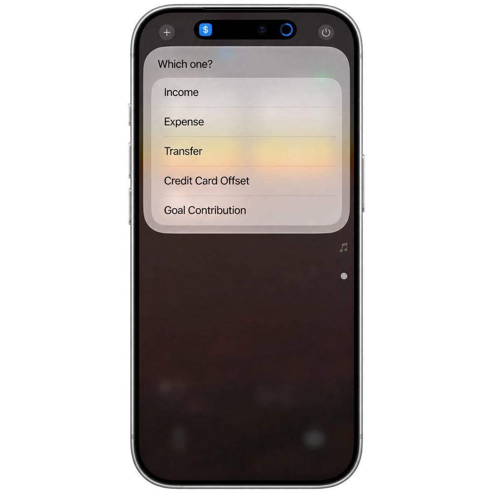 The shortcut menu offering income, expense, transfer, credit card offset, and goal contribution.