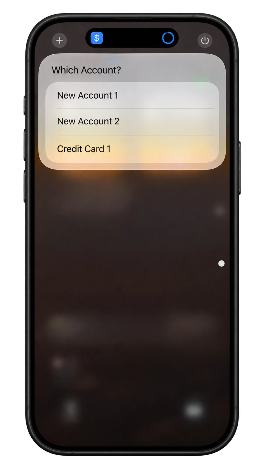 The Finance shortcut account selection menu.