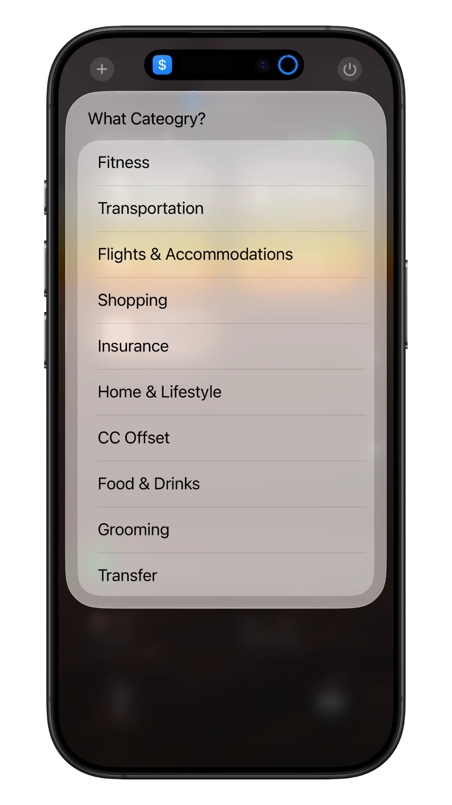The Finance shortcut category menu.