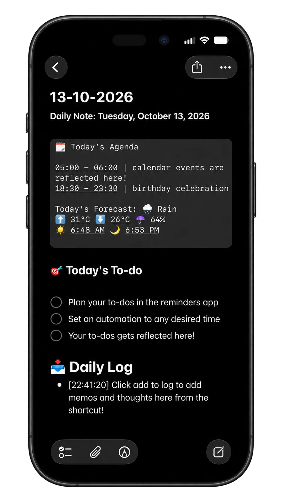 A daily journal in Apple Notes showing the day’s agenda, weather forecast, to-dos, and daily log.